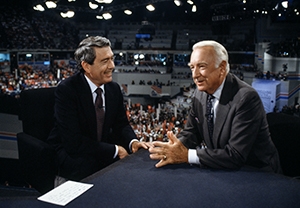 Walter Cronkite and Dan Rather. Photograph of Walter Cronkite and Dan Rather at the 1988 Democratic National Convention in Atlanta. Photograph by Dennis Brack. Dennis Brack Photographic Archive, Briscoe Center for American History, The University of Texas at Austin.